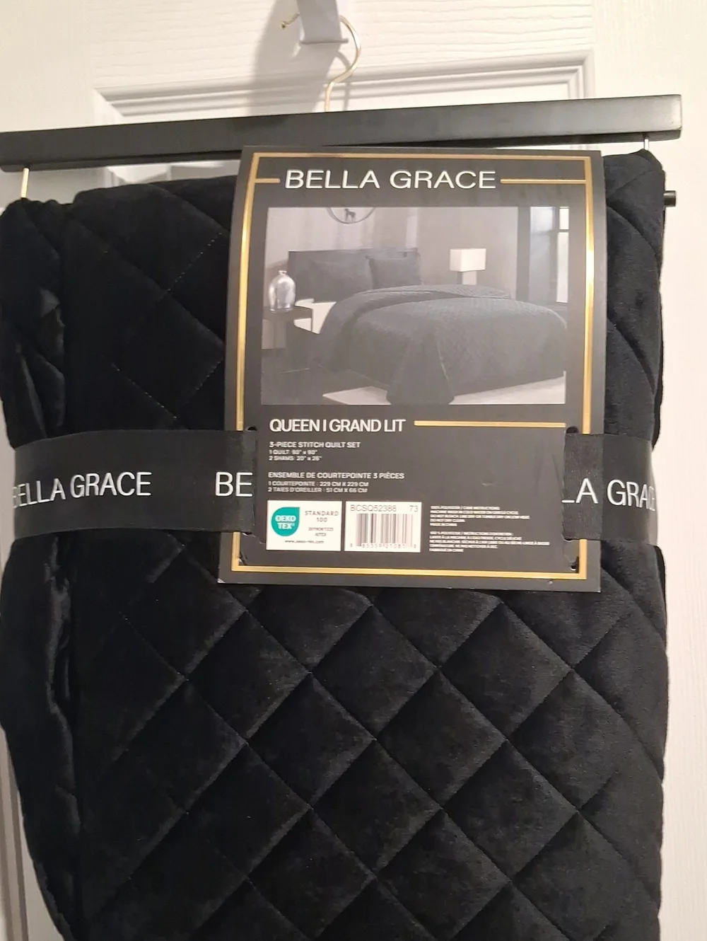 Queen Quilted Velvet Quilt Set - Black